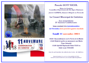 Commémoration de l’Armistice du 11 novembre 1918 et hommage rendu à tous les morts de la France, lundi 11 novembre