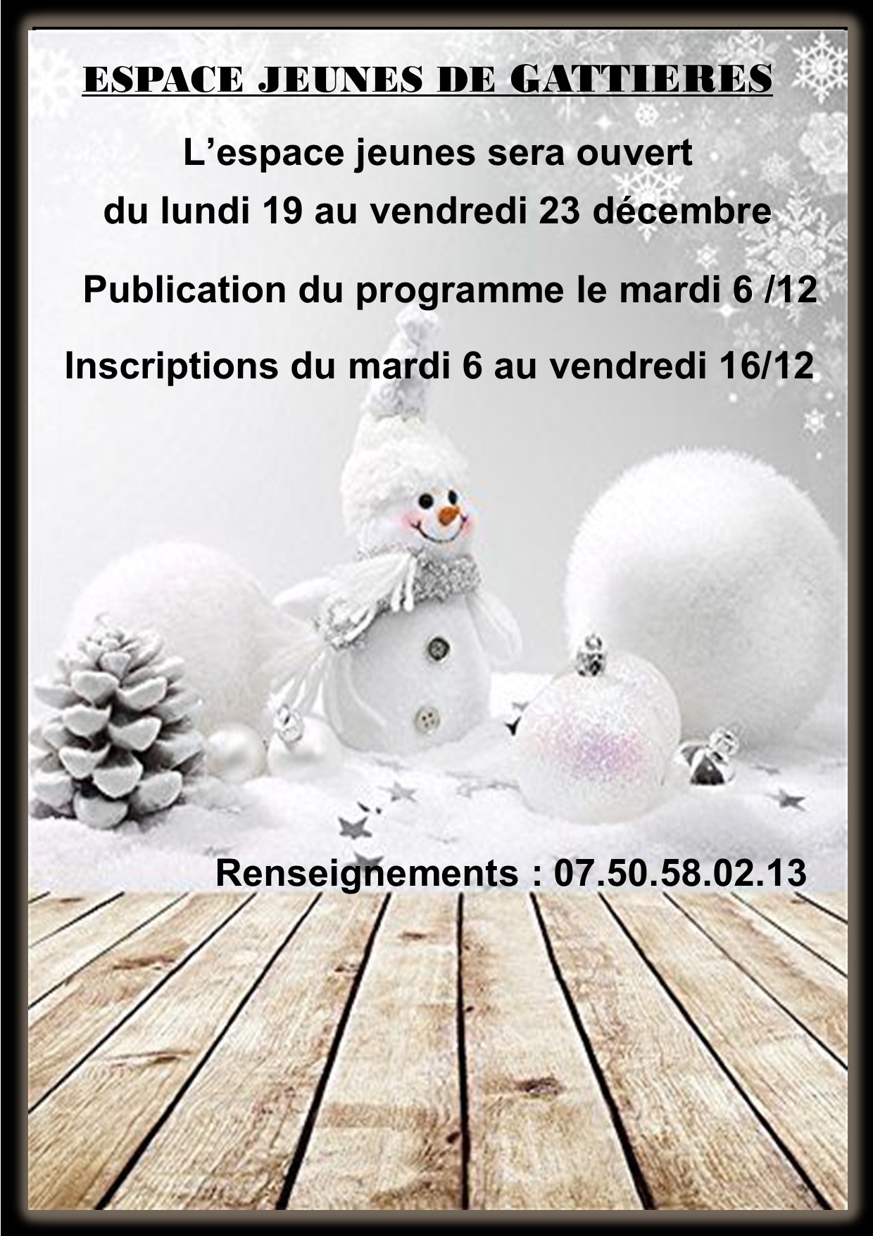 Inscriptions vacances de Noël, Espace Jeune de Gattières du 6 au 16 décembre